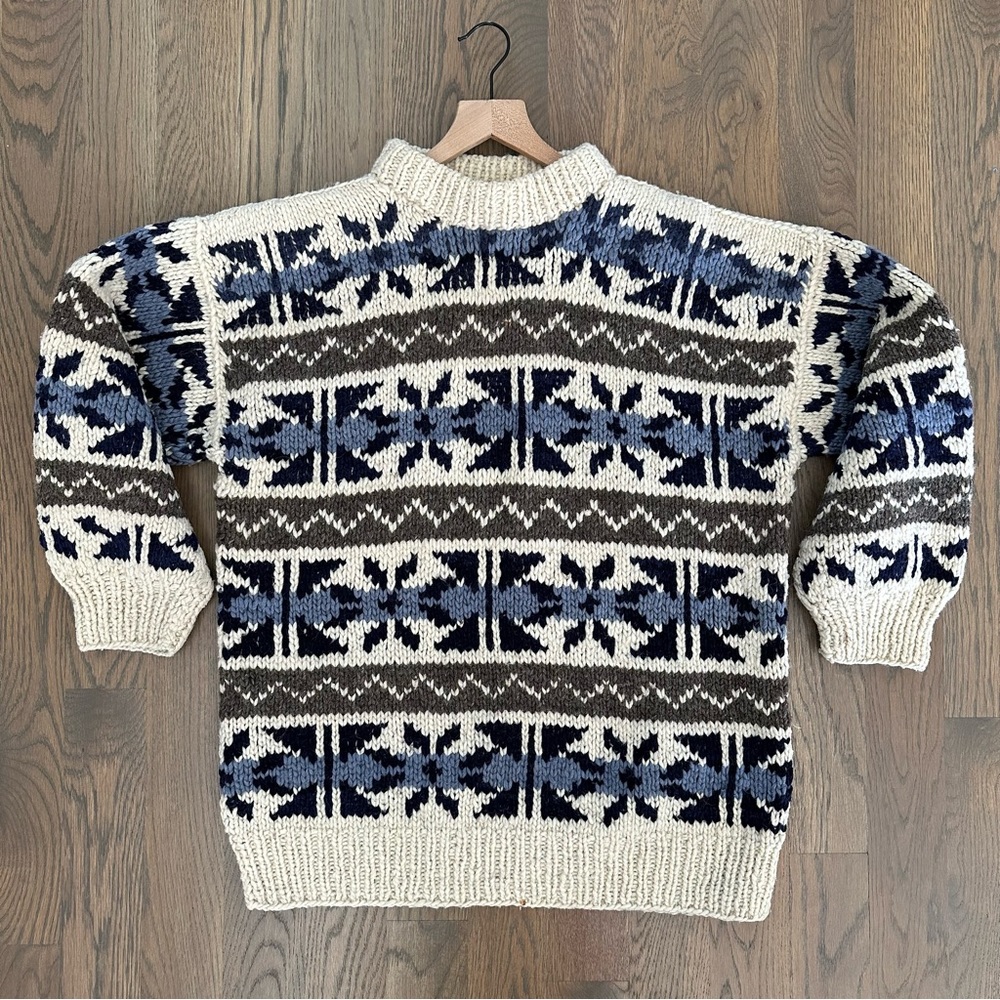 Vintage Heavy Knit 100% Wool Fair Isle Crewneck Sweater Cream, Blue, Brown M